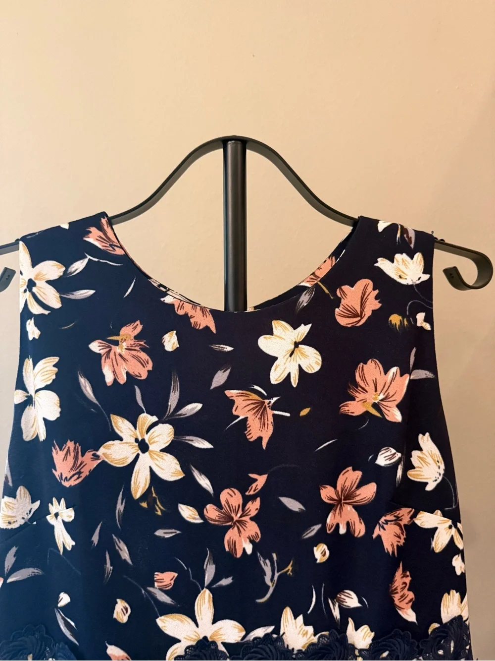 Navy Sleeveless Floral Midi Dress with Lace Waist - Picture 3 of 11